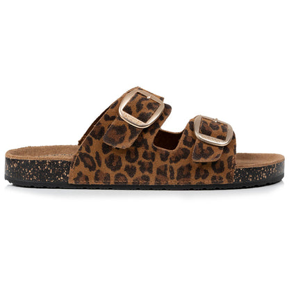 Mules sandales Femme Double Bride cuir camel Léopard