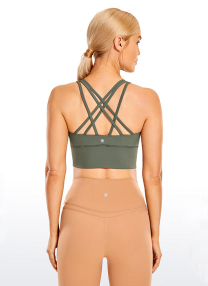CRZ YOGA Women's Train Medium Support Nakedfeel Longline Bra Strappy Grey Sage