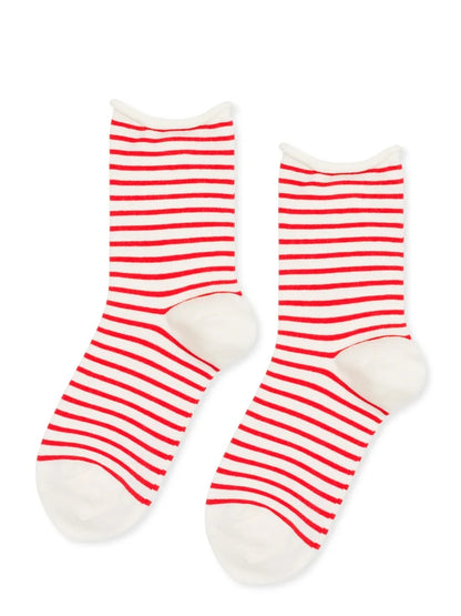 Nautical Stripe Crew socks in Pink — red and cream horizontal stripe with rolled cuff and cream heel and toe, flat lay product shot on white background
