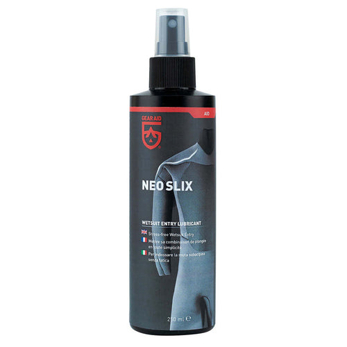 250ml spray bottle of Gear Aid Neo Slix wetsuit entry lubricant with a dark label featuring a neoprene wetsuit graphic, shown against a white background.