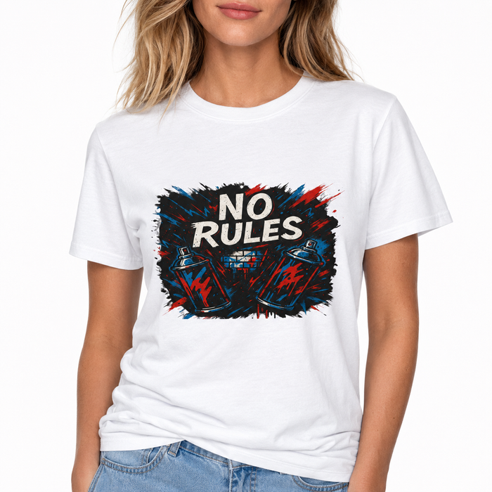 No Rules graphic tee seen as a unisex streetwear top with bold statement artwork and a garment-dyed finish for casual styling