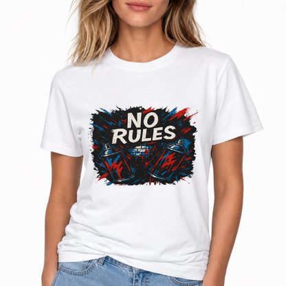 No Rules graphic tee seen as a unisex streetwear top with bold statement artwork and a garment-dyed finish for casual styling
