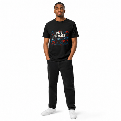 A man modeling a black crewneck t-shirt with a colorful graphic that reads 'NO RULES' in white, paired with black pants and white sneakers, against a plain white background.