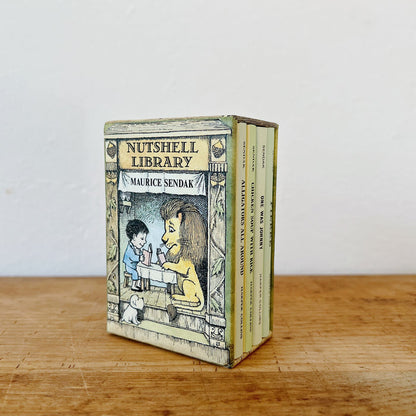 A miniature book box set titled 'Nutshell Library' by Maurice Sendak, with the four titles included in the set shown nestled inside the box