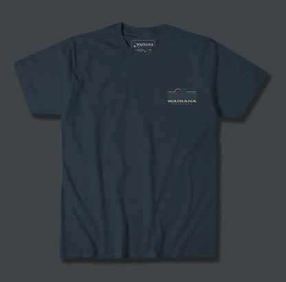 Waihana Ocean Elements Premium Pima T-Shirt in Abyss Blue displayed flat, featuring a small retro-style chest graphic with waves, mountains, and the Waihana brand name.