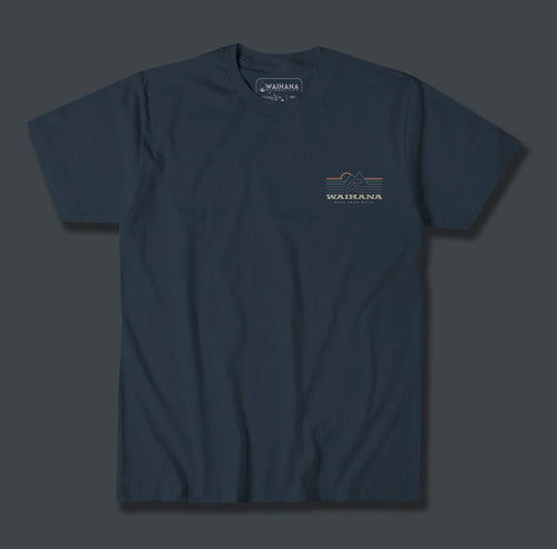 Waihana Ocean Elements Premium Pima T-Shirt in Abyss Blue displayed flat, featuring a small retro-style chest graphic with waves, mountains, and the Waihana brand name.