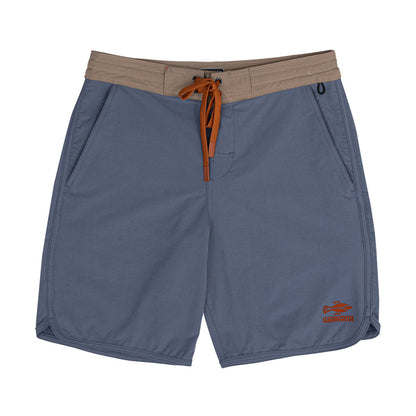 Waihana Offshore Blue Cruiser Board Shorts laid flat, featuring a slate-blue body, contrast tan waistband, orange drawstring, and embroidered Waihana fish logo on the hem.
