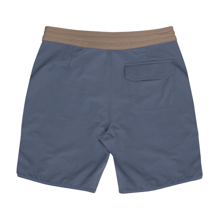 Back view of Waihana Offshore Blue Cruiser board shorts featuring a tan elastic waistband, a single back pocket with orange accent stitching, on a white background.