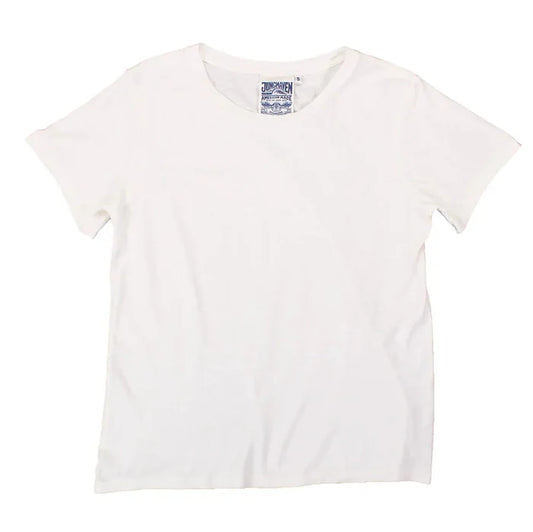 A washed white Jungmaven Ojai Tee t-shirt with short sleeves and a crewneck.