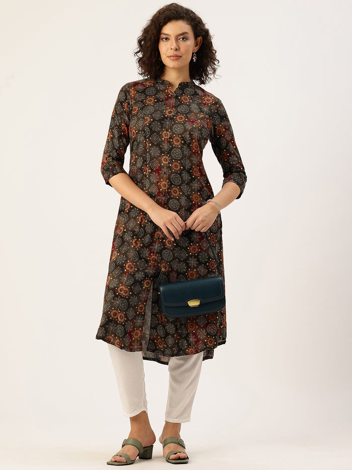 Olive Green Geometric Printed Kurta, Princess Cur Kurta, A-Line Kurta, Floral Print, Mandarin Collar kurta, printed kurta