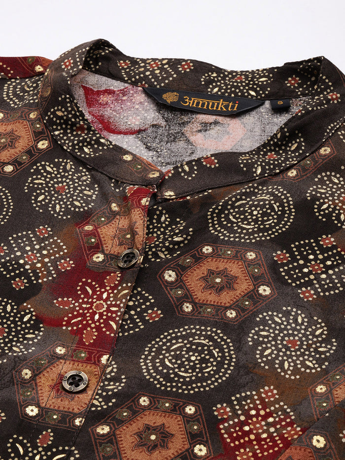 Olive Green Geometric Printed Kurta, Princess Cur Kurta, A-Line Kurta, Floral Print, Mandarin Collar kurta, printed kurta