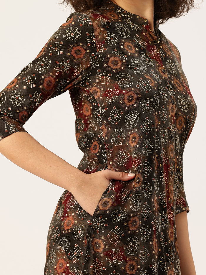 Olive Green Geometric Printed Kurta, Princess Cur Kurta, A-Line Kurta, Floral Print, Mandarin Collar kurta, printed kurta