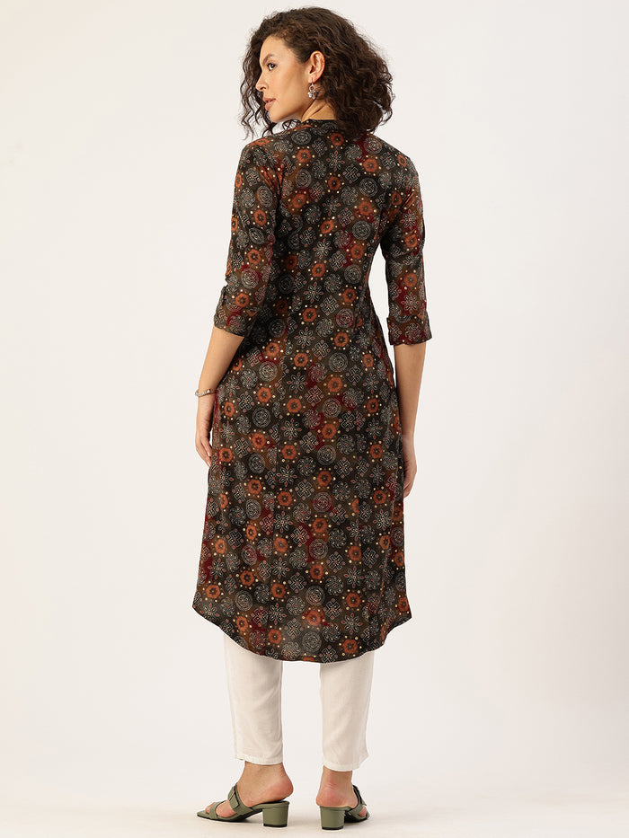 Olive Green Geometric Printed Kurta, Princess Cur Kurta, A-Line Kurta, Floral Print, Mandarin Collar kurta, printed kurta