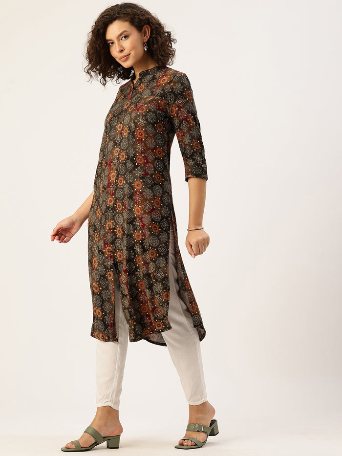 Olive Green Geometric Printed Kurta, Princess Cur Kurta, A-Line Kurta, Floral Print, Mandarin Collar kurta, printed kurta