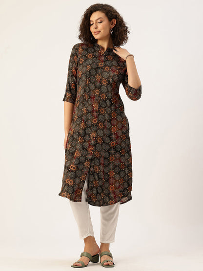 Olive Green Geometric Printed Kurta, Princess Cur Kurta, A-Line Kurta, Floral Print, Mandarin Collar kurta, printed kurta