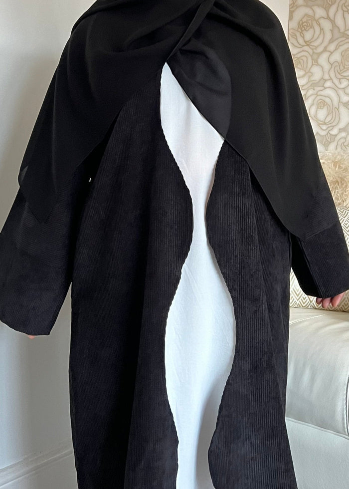 Open BLACK SANA Abaya | corduroy wave abaya | winter abaya |
