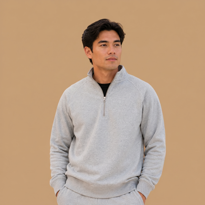 Organic Cotton Midweight Raglan Quarterzip - Heather Grey