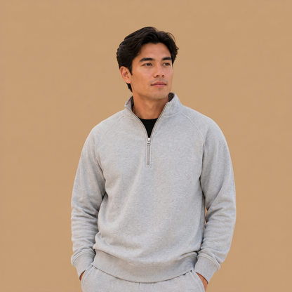 Organic Cotton Midweight Raglan Quarterzip - Heather Grey