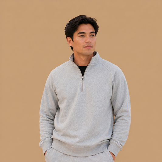 Organic Cotton Midweight Raglan Quarterzip - Heather Grey