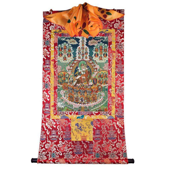 Padmasambhava - Guru Rinpoche on Refuge Tree - Tibetan thangka painting, detailed view