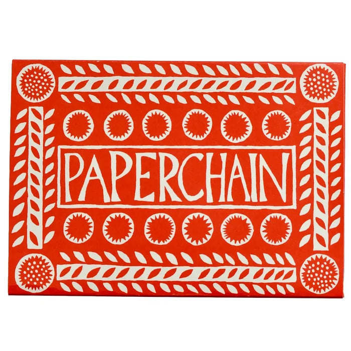 A square red and white decorative sign or plaque featuring the word 'PAPERCHAIN' in large white letters inside a red border with repeating circular and leaf-like patterns.