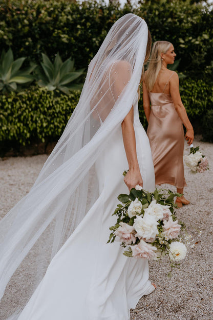 Bride wearing the Pearly Long Bridal Veil