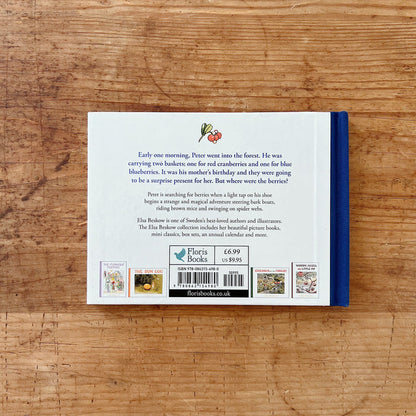 Back cover of hardcover mini version of Elsa Beskow's Peter in Blueberry Land.