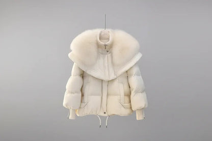 petite winter parka jacket white colorway featuring plush faux fur collar, regular sleeves and clean city-ready finish