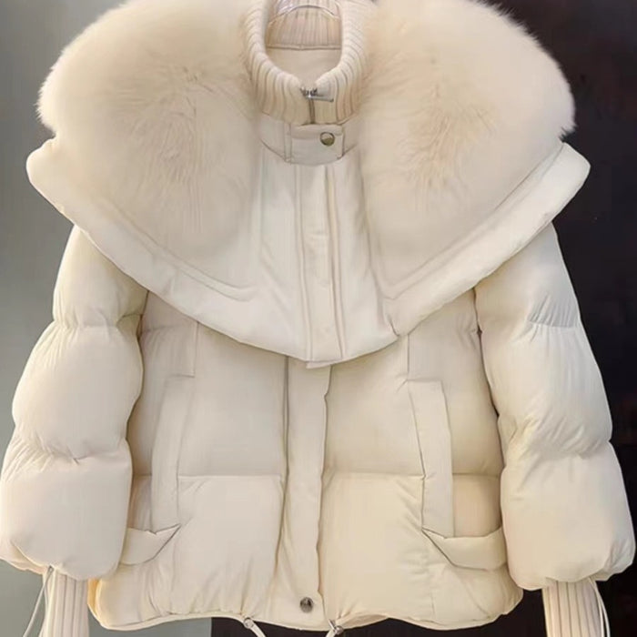 petite parka coat close front view with zip and snap overlay, faux fur collar straps and smooth polyester shell