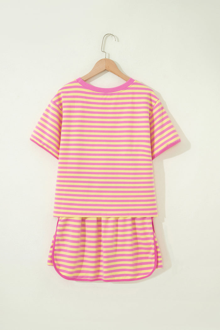 Pink Stripe Relaxed Short Sleeve Top Elastic Waist Drawstring Skort 2pcs Set