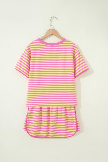 Pink Stripe Relaxed Short Sleeve Top Elastic Waist Drawstring Skort 2pcs Set