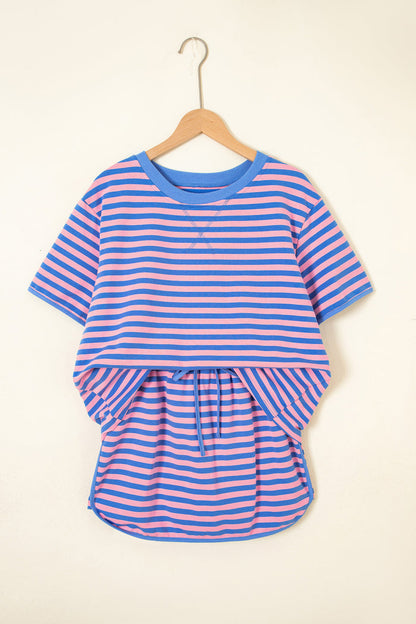 Pink Stripe Relaxed Short Sleeve Top Elastic Waist Drawstring Skort 2pcs Set