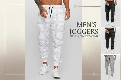 men's checkered pants 3D digital plaid print tapered cotton in black for smart casual streetwear outfits