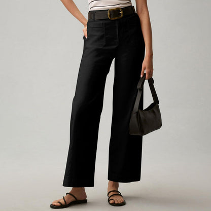 straight leg suit pants women side profile showing tailored waist structure