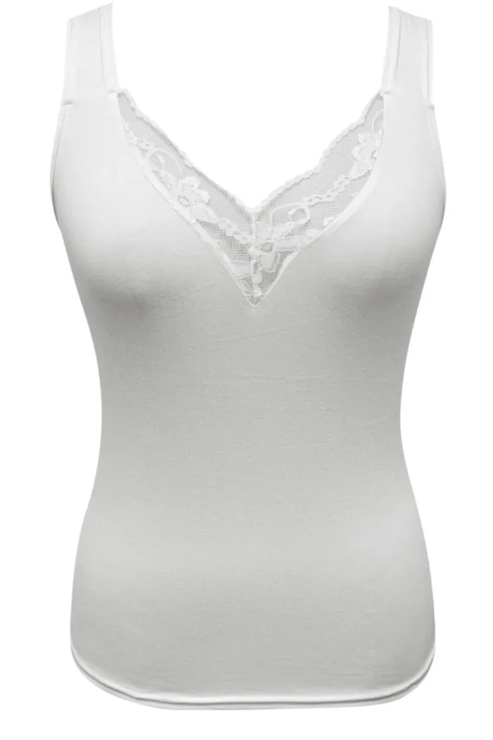 Women's lace V-neck tank top in plus sizes with sleeveless styling and rayon-spandex blend for flexible everyday casual wear.