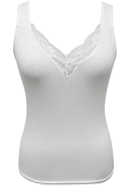 Women's lace V-neck tank top in plus sizes with sleeveless styling and rayon-spandex blend for flexible everyday casual wear.