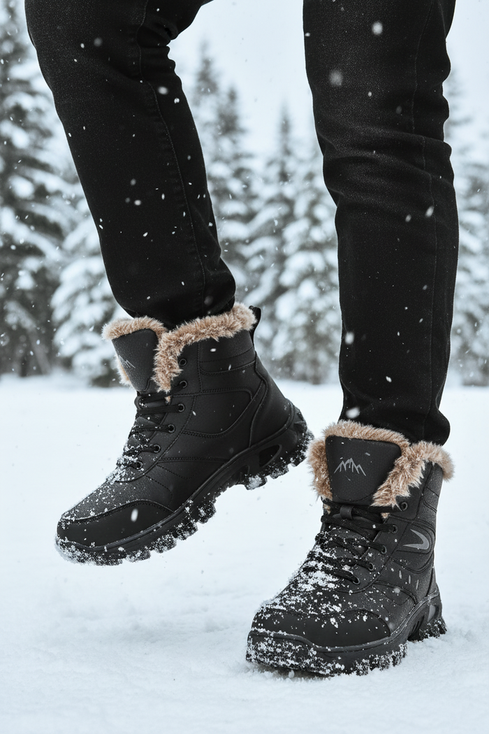 waterproof snow boots for men taupe-brown winter boots with faux-fur collar and lace-up support for outdoor walks