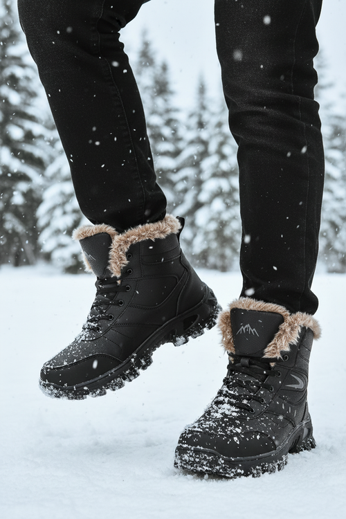 waterproof snow boots for men taupe-brown winter boots with faux-fur collar and lace-up support for outdoor walks