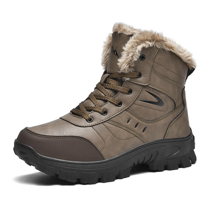 plus size men's snow boots rugged outsole close-up showing deep lugs for traction on wet pavement and snow