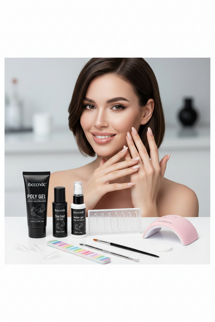 Woman with a skincare routine setup including bottles and tools on a white surface.