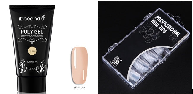 Complete nail extension kit contents including brush pen, base coat, top coat, and slip solution