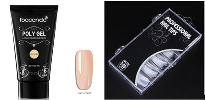 Complete nail extension kit contents including brush pen, base coat, top coat, and slip solution