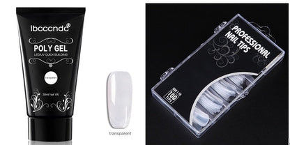Complete nail extension kit contents including brush pen, base coat, top coat, and slip solution