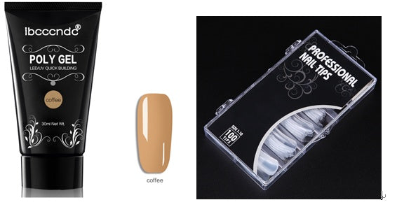 At home manicure kit contents arranged by category: gels, tools, UV lamp, nail forms