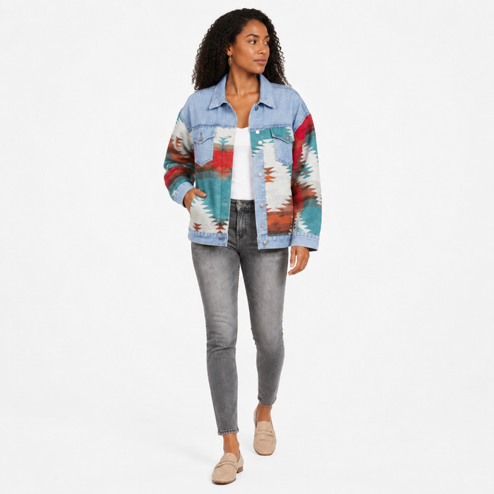 Women's geometric print denim jacket natural fit on white background