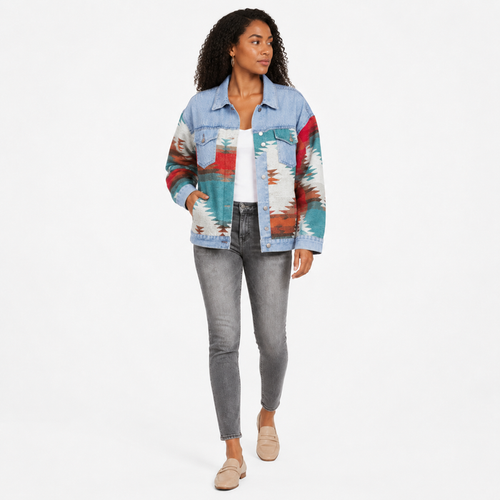 Women's geometric print denim jacket natural fit on white background