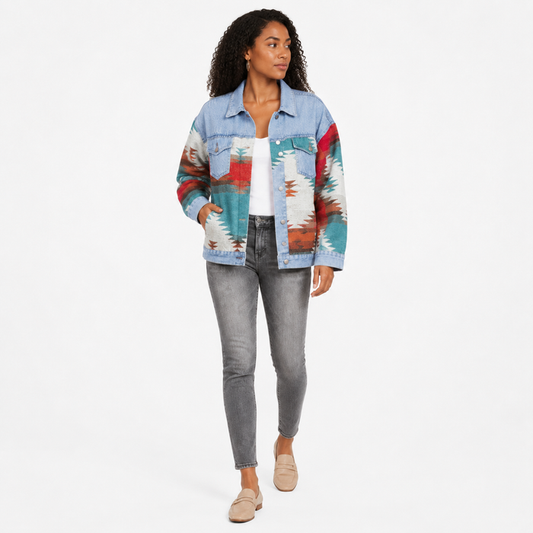 Women's geometric print denim jacket natural fit on white background