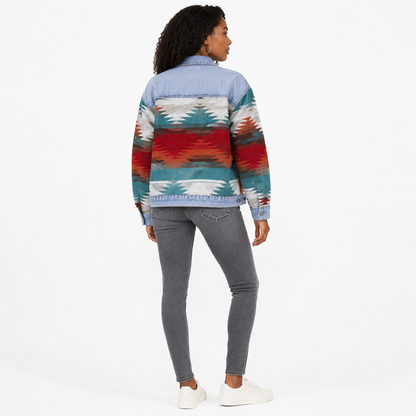 Women's geometric print denim jacket back view on white background