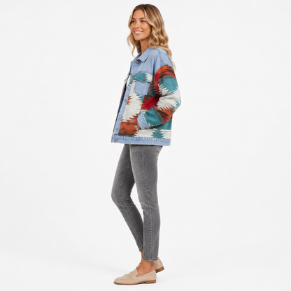Women's geometric print denim jacket side view on white background