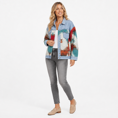 Women's geometric print denim jacket three quarter view on white background